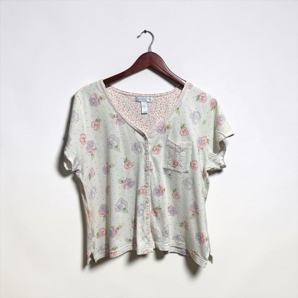 Vintage Erika Taylor Floral Sleep Top Medium Floral Lace Trim Cottagecore